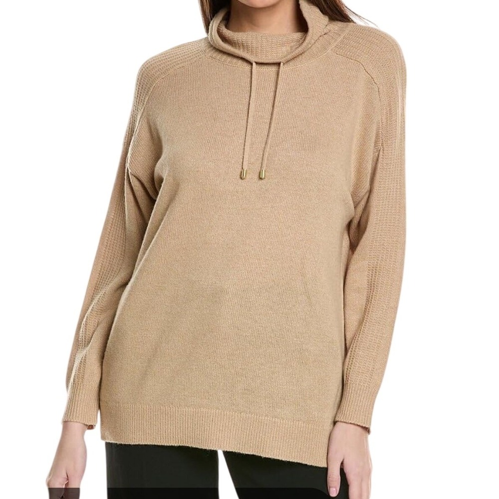 Anne Klein Wool Cashmere Blend Cowl‎ Neck Drawstring Sweater S Tan Lightweight